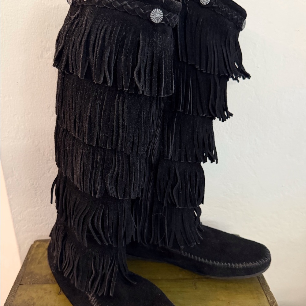 Minnetonka Black Fringed Moccasin Boots